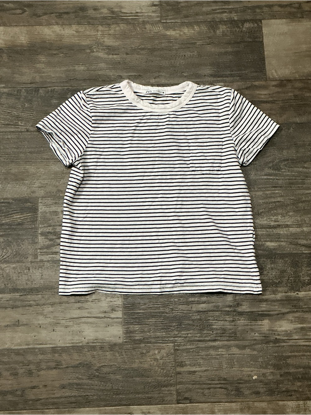 Zara White Tee with Navy Stripes - Pocket Short Sleeve